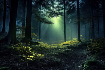 Mysterious forest illuminated by moonlight, Generative AI