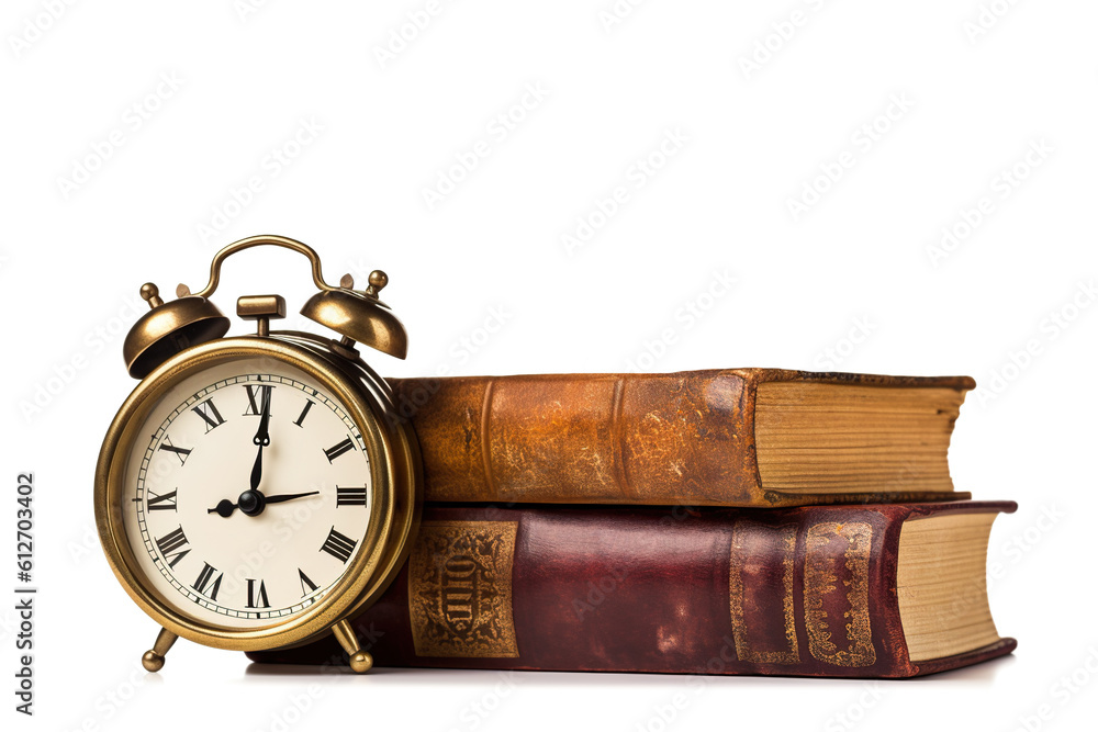 Poster a clock sitting on top of a stack of books. generative ai.