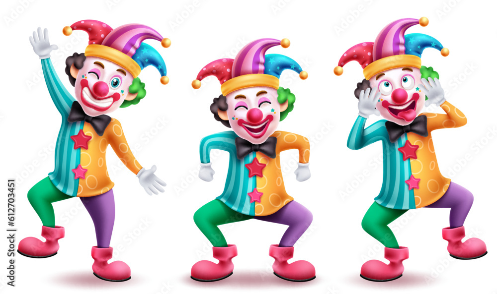 Aufkleber clown birthday characters vector set design. clown and buffoon character in standing poses isolated 