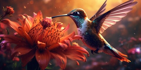 Obraz premium beautiful exotic colibri, multicolor hummingbird drinking the juice of a flower in a tropical garden, generative ai