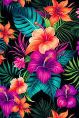 Seamless pattern tropical background, illustration of exotic summer leaf and plants in vivid colorful colors, flat lay. Illustration, Generative AI.