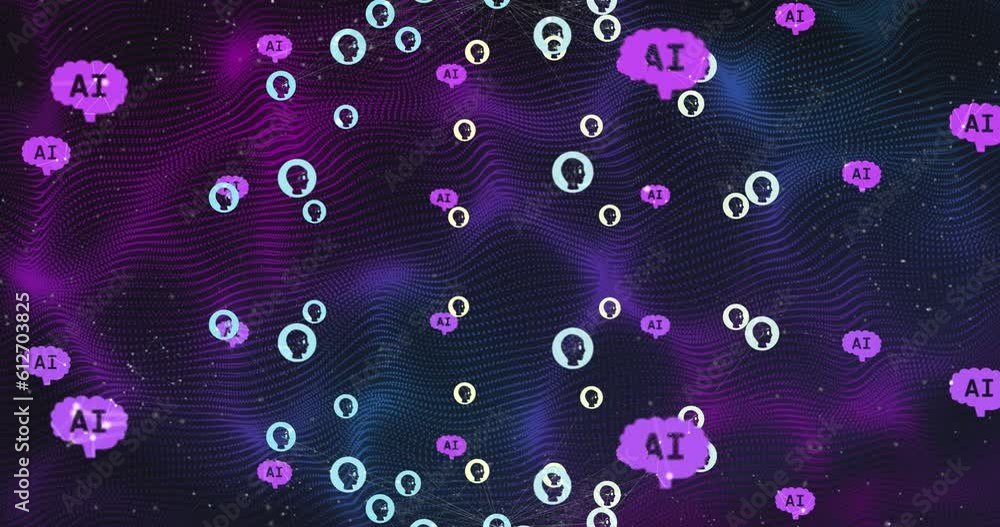 Poster animation of ai data processing, chat icons and network of connections on glowing trails