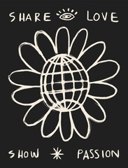 Globes in the middle of a flower with the words share love and share passion.