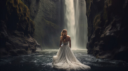 Bride in white dress standing in front of a huge waterfall, fantasy scene,  generative ai