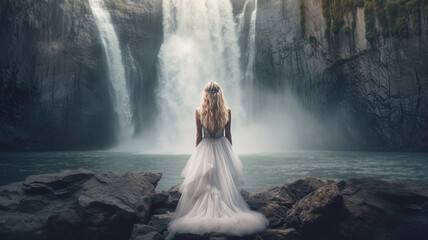 Bride standing in front of a huge waterfall, cinematic scene,  generative ai