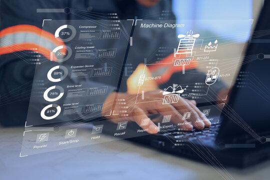 Engineer monitoring and control machine power cooling syetem on virtual dashboard data receiving by measuring sensor show divice status on percentage. operation control board.