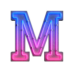 Concrete neon light alphabet M on transparent background, PNG file