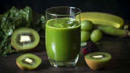 Refreshing green smoothie. The vivid green color underscore the concept of healthy living, nutrition, and the benefits of incorporating natural, nutrient-rich foods into our daily diet. Generative AI