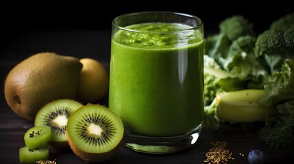 Fototapeta na wymiar Refreshing green smoothie. The vivid green color underscore the concept of healthy living, nutrition, and the benefits of incorporating natural, nutrient-rich foods into our daily diet. Generative AI