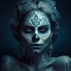Mexican woman adorned for Day of the Dead. Generative AI
