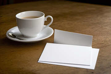 Obraz na płótnie Canvas cup of coffee on the table,Coffee and white paper on a wooden table scene photography