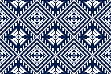 Blue and white geometric ethnic seamless pattern design for wallpaper, background, fabric, curtain, carpet, clothing, and wrapping.