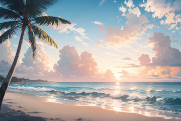 Fototapeta na wymiar ヤシの木がある夕暮れのビーチ　夏の海　バカンス　イラスト