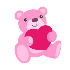 Pink bear icon with pink heart isolated on transparent and white background. Element for the design of wedding invitations, valentines and congratulations. Vector illustration of a children's toy.