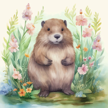 Cute groundhog cartoon in watercolor style