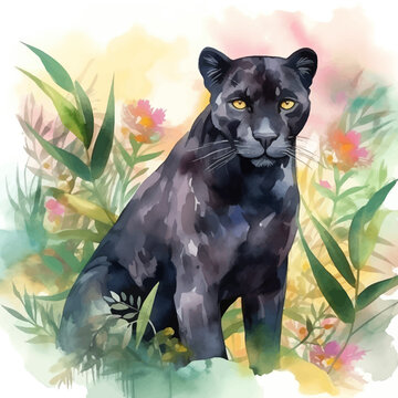 Cute black panther cartoon in watercolor style
