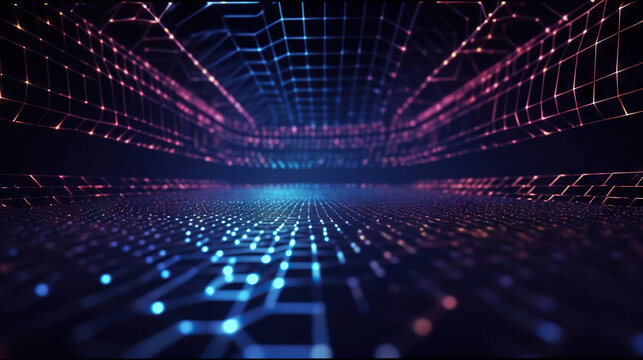 Modern digital abstract 3D background. Can be used in the description of network abilities, technological processes, digital storages, science, education, etc. Copy space. Based on Generative AI