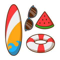 summer design elements. surfboard, goggles, watermelon and swim catcher. perfect for summer and beach elements