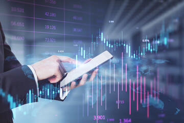 Headless busiessman using cellphone with glowing candlestick forex chart on blurry office iterior background. Investment, profit and financial growth concept. Double exposure.