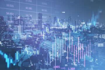 Naklejka premium Glowing candlestick forex chart on blurry night city background. Investment, profit and financial growth concept. Double exposure.