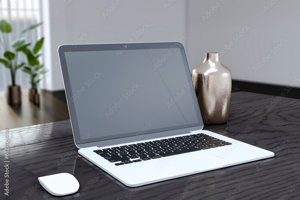 Poster close up of modern designer office workplace with empty mock up laptop computer screen and other ite