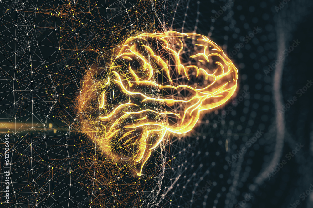Fototapete Robot, artificial intelligence and network technologies concept with bright yellow firing human brain made from neural grid on abstract dark background. 3D rendering