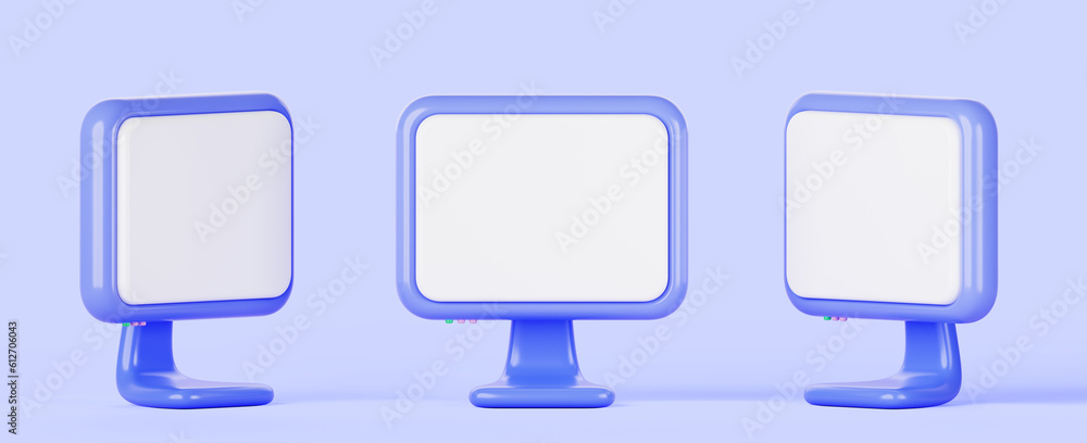 Poster 3d render computer monitors front and side view. mockup desktop pc with blue frame and blank white s