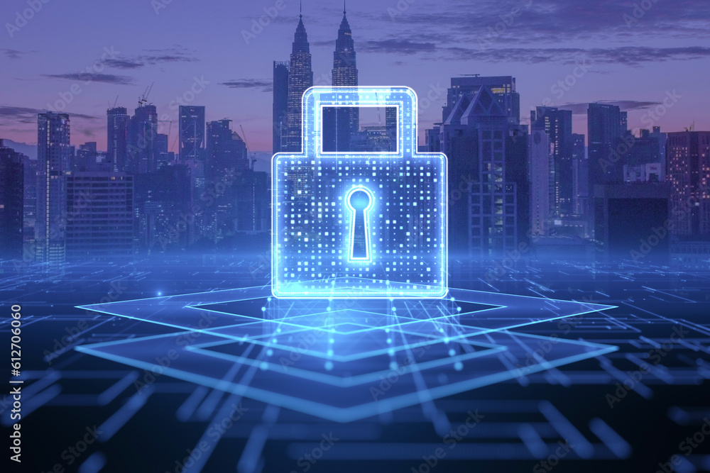 Poster Cyber security intelligence concept with virtual glowing closed padlock symbol on digital platform on night city skyline background, double exposure