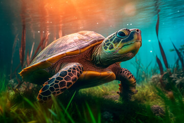 Big turtle life under the ocean sea