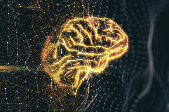 Robot, artificial intelligence and network technologies concept with bright yellow firing human brain made from neural grid on abstract dark background. 3D rendering