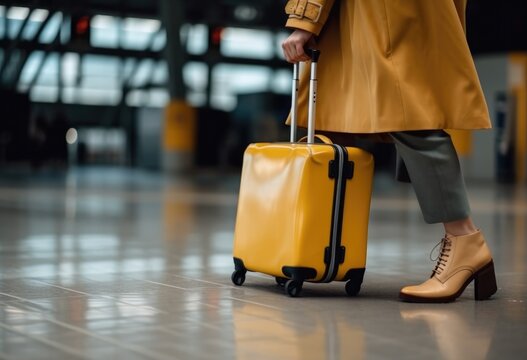 Woman legs with a yellow luggage walking on the airport . Generative ai