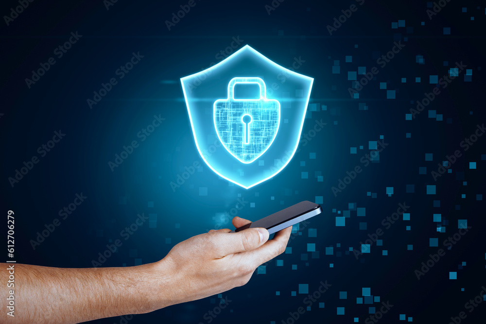 Poster Concept of data privacy and protection with front view on digital glowing padlock, keyhole and shield above man hand with smartphone on abstract dark pixel background