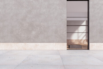 Simple glass showcase in concrete building exterior with mock up place on wall. Shop and retail concept. 3D Rendering.
