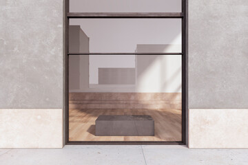 Clean glass showcase with reflections in concrete building exterior. Shop and retail concept. 3D Rendering.