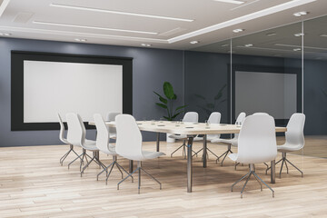 New luxury meeting room interior with furniture, wooden flooring and decoration plant. Mock up place on white screen banner. 3D Rendering.