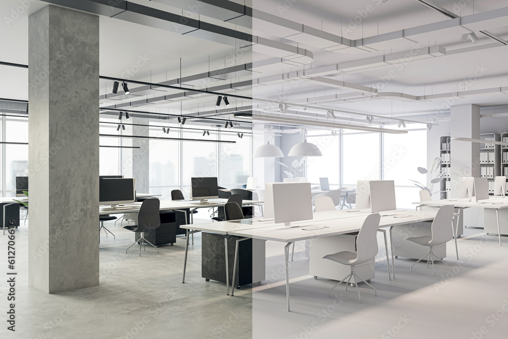 Aufkleber Office interior design concept with double view 3d visualization - draft and final project. 3d rendering background