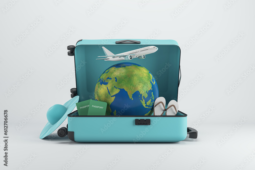 Poster abstract image of suitcase filled with airplane, globe and beach items on white background. summer v