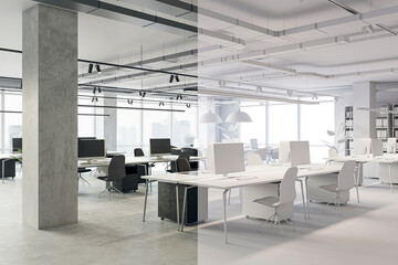 Office interior design concept with double view 3d visualization - draft and final project. 3d rendering background