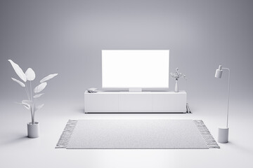 Front view on blank white tv screen with space for your advertising text or picture on light grey wall background in minimalistic style room with carpet. 3D rendering, mockup