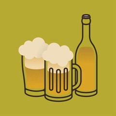 beer bottle and glass with retro illustration style
