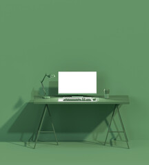Green monochrome minimal office table desk. Concept for study desk and workspace with screen desktop. Flat lay style. Mockup template. 3d render	
