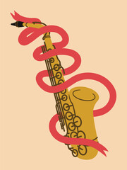 illustration of a jazz music saxophone instrument with ribbon