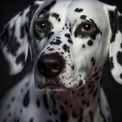 Studio shot with cute dalmatian dog portrait with the curiosity and innocent look as concept of modern happy domestic pet in ravishing hyper realistic detail by Generative AI.