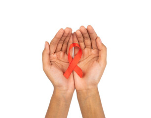 Two hands holding red ribbon. health awareness symbol