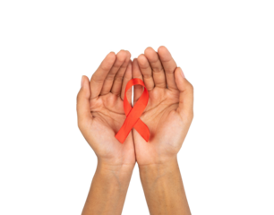 Two hands holding red ribbon. health awareness symbol