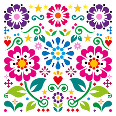 Mexican retro style vector square design with hearts, and flowers, vibrant folk art - perfect for greeting card or wedding invitaion
- 612707202