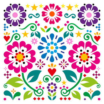 Mexican retro style vector square design with hearts, and flowers, vibrant folk art - perfect for greeting card or wedding invitaion © redkoala