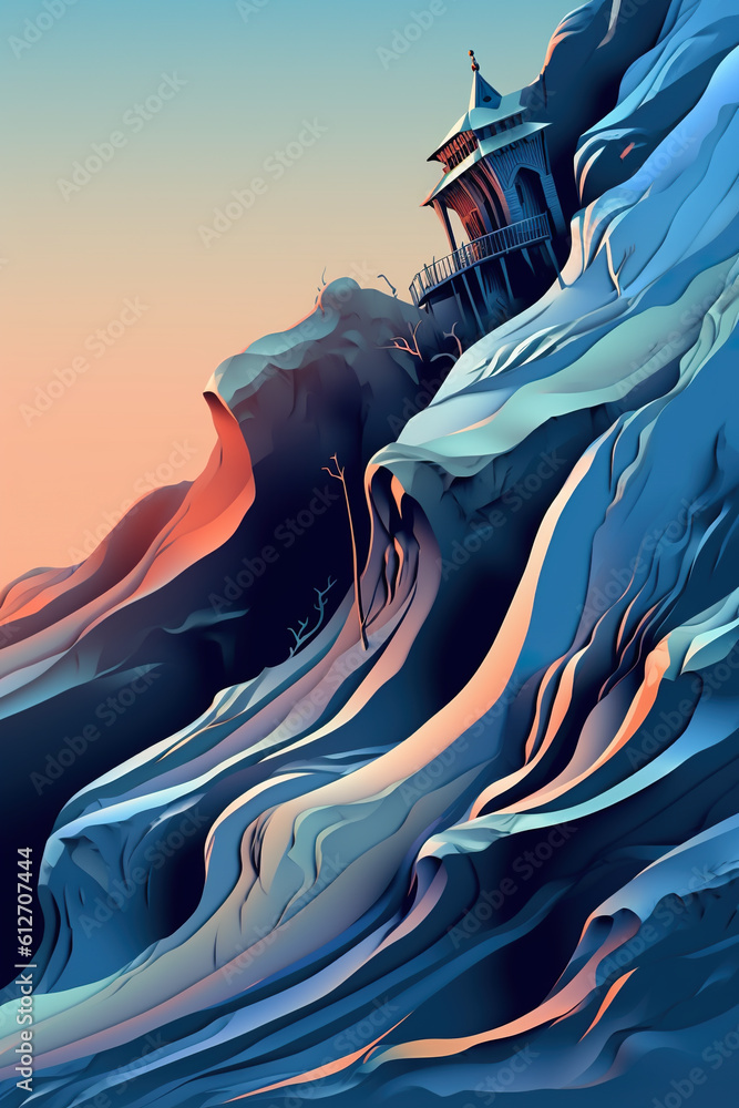 Poster a painting of a mountain with a house on top of it. generative ai. abstract wavy patterns in blue an