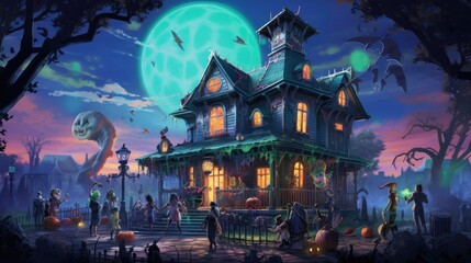 A detailed illustration of a haunted mansion with glowing windows and a full moon overhead, as trick-or-treaters in costumes gather outside, eager for Halloween fun - Generative ai