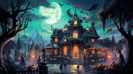 Fototapeta na wymiar A detailed illustration of a haunted house with glowing windows, as ghostly apparitions float in the air and a full moon casts an eerie glow on the scene, creating a spooky atmosphere - Generative ai